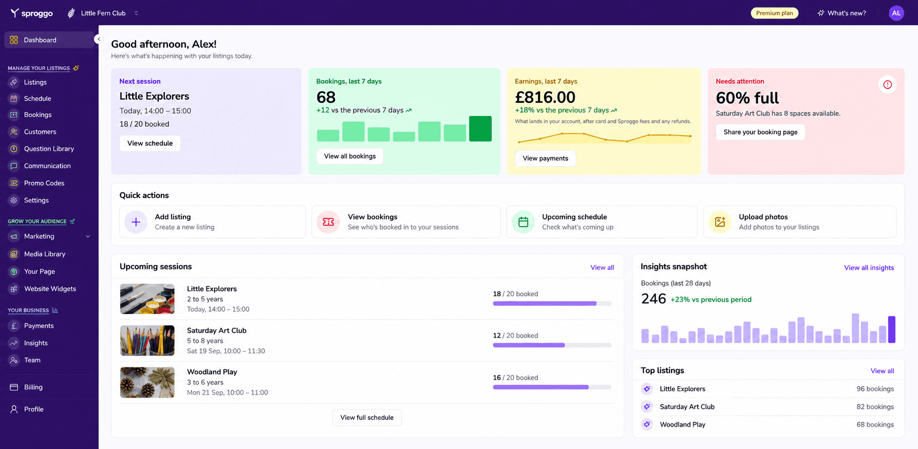 Sproggo dashboard showing upcoming sessions, spaces booked and weekly earnings for a fictional activity provider