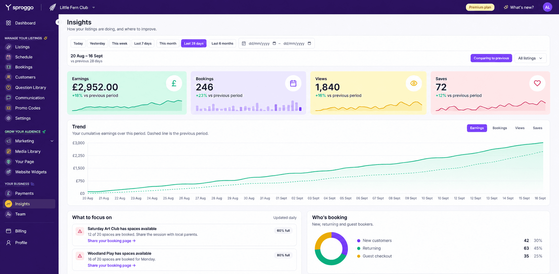 Sproggo Insights showing earnings, bookings, views, saves and returning customers using illustrative figures