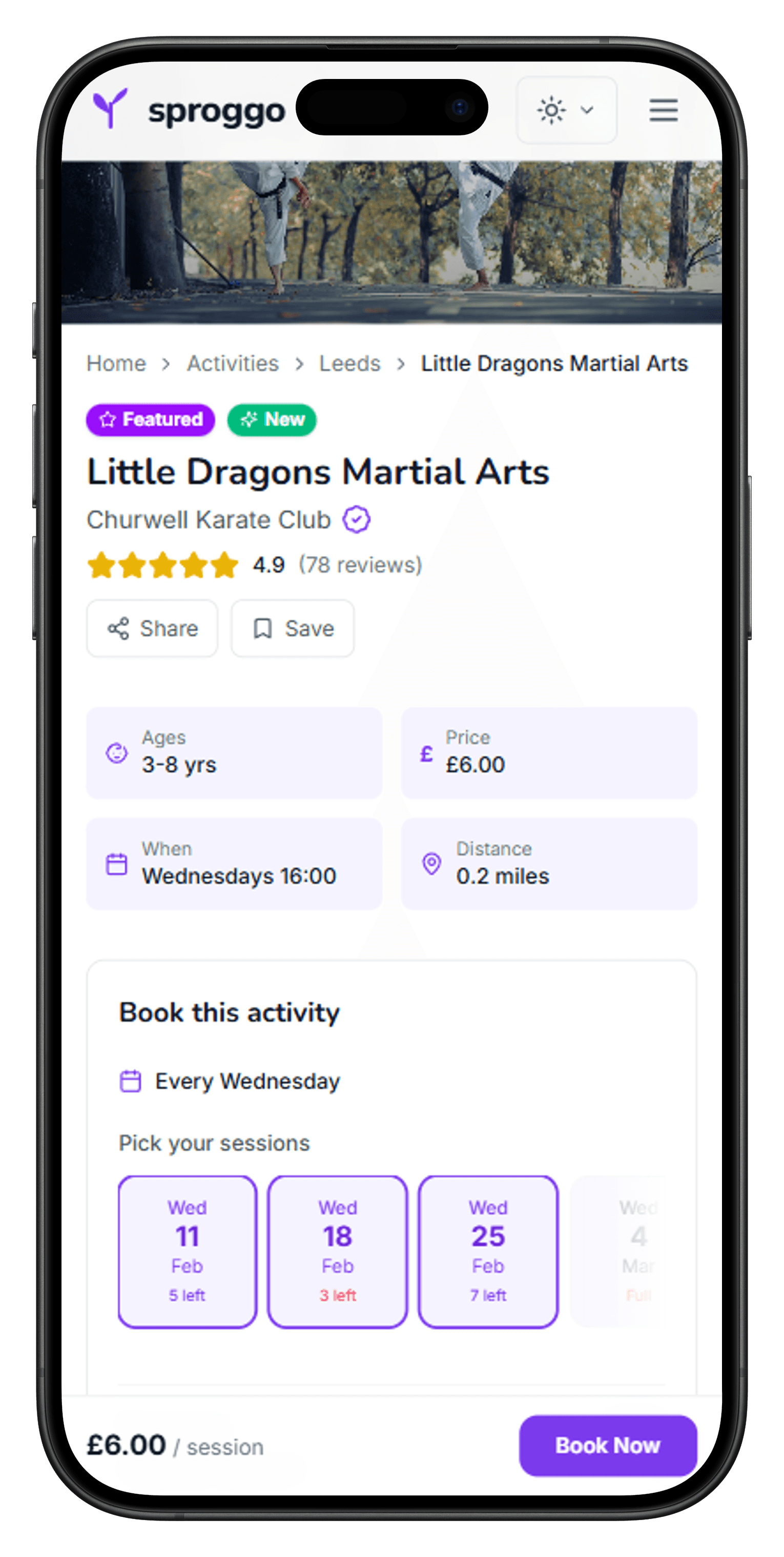 Sproggo activity page showing session details, reviews, and booking