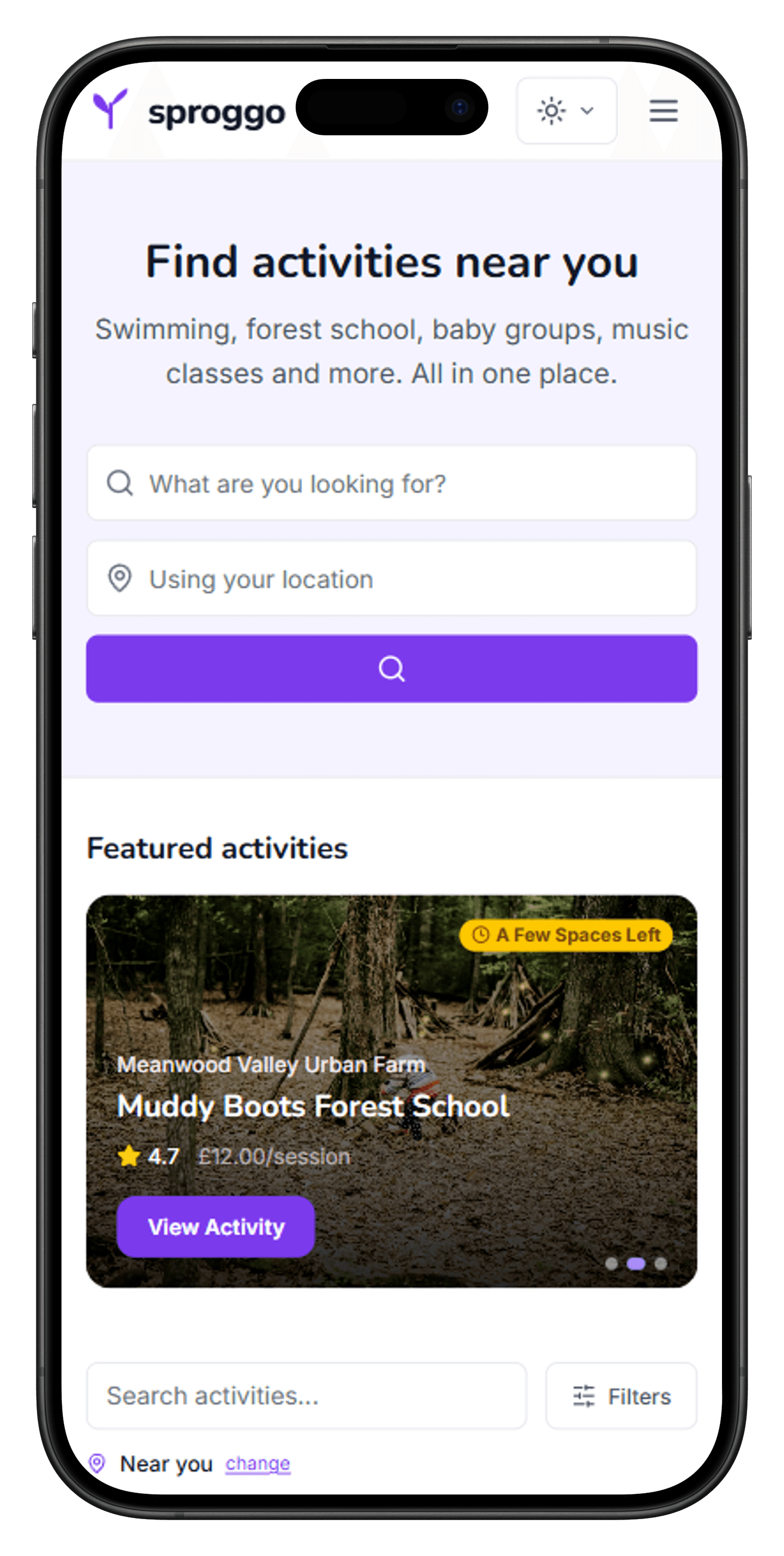 Sproggo app showing featured activities and search