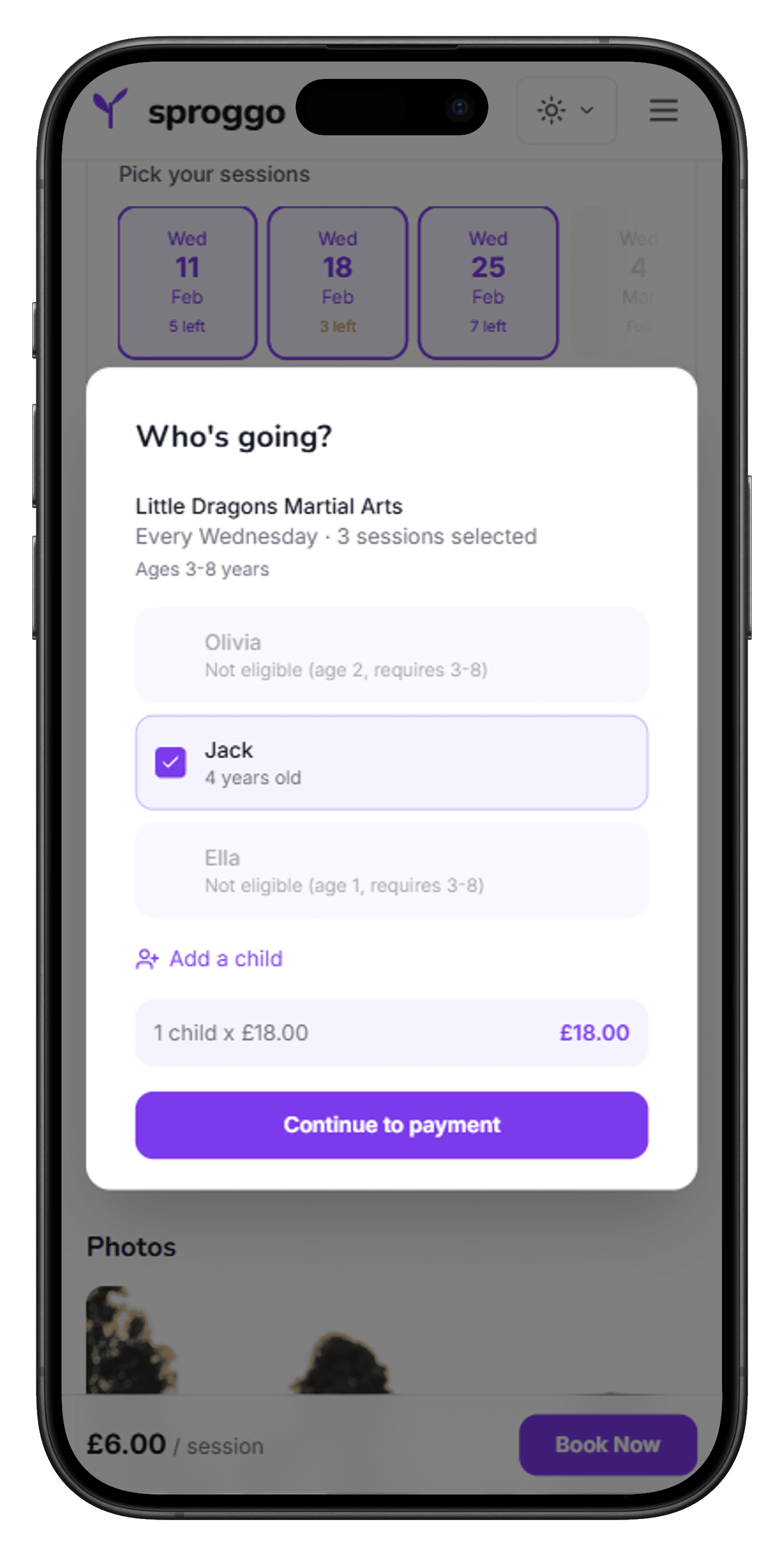 Sproggo booking flow showing session selection and child picker
